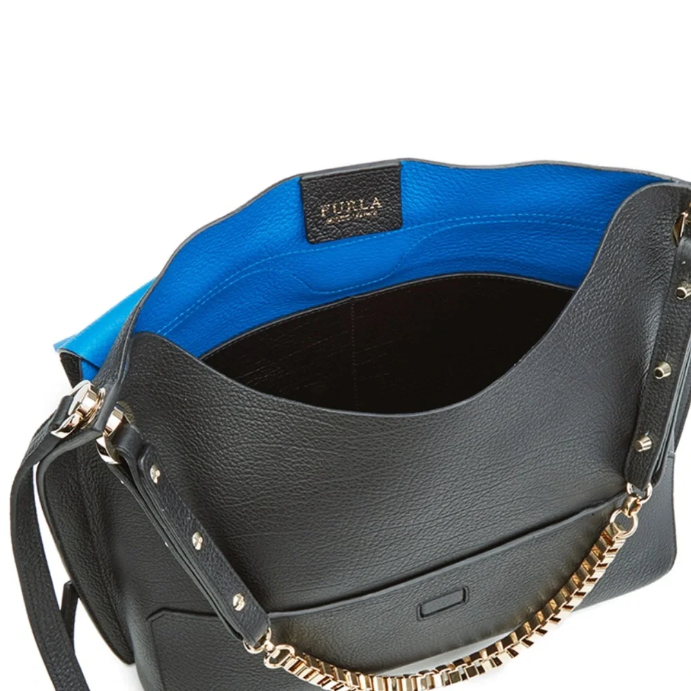 EUC Furla Minerva gorgeous black leather Black crossbody Bag with Chain